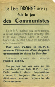 La liste Dronne (R.P.F.) fait le jeu des communistes. Tract contre la liste de Raymond Dronne aux élections législatives de 1951 dans la Sarthe.