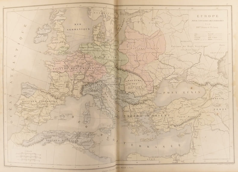 Carte de l'Europe pour l’invasion des Barbares au Ve si&egrave;cle, avec l’indication de la marche des peuples. Carte extraite de l'Atlas universel et ...