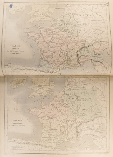 Cartes : Gaule ancienne. — France m&eacute;rovingienne. 2 cartes extraites de l'Atlas universel et classique de g&eacute;ographie ancienne, romaine, du moyen &acirc;ge, ...
