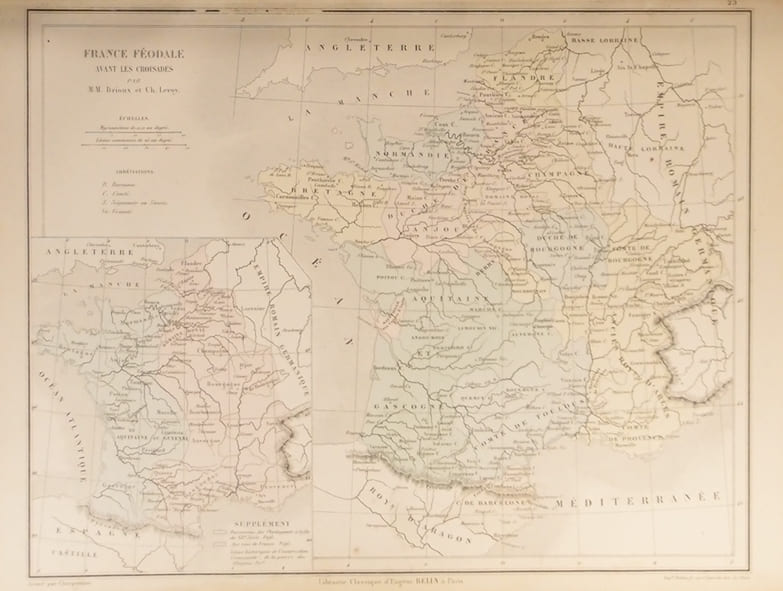 Cartes : France f&eacute;odale, avant les croisades. — Suppl&eacute;ment pour les possessions des Plantagenets - &agrave; la fin du XIIe si&egrave;cle. Carte extraite de l'Atlas ...