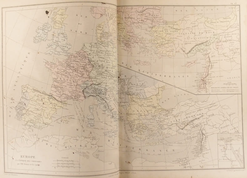 Cartes : Europe &agrave; l’&eacute;poque des croisades, avec l’indication des routes suivies par les crois&eacute;s. — Principaut&eacute;s fond&eacute;es par les crois&eacute;s en Orient. ...