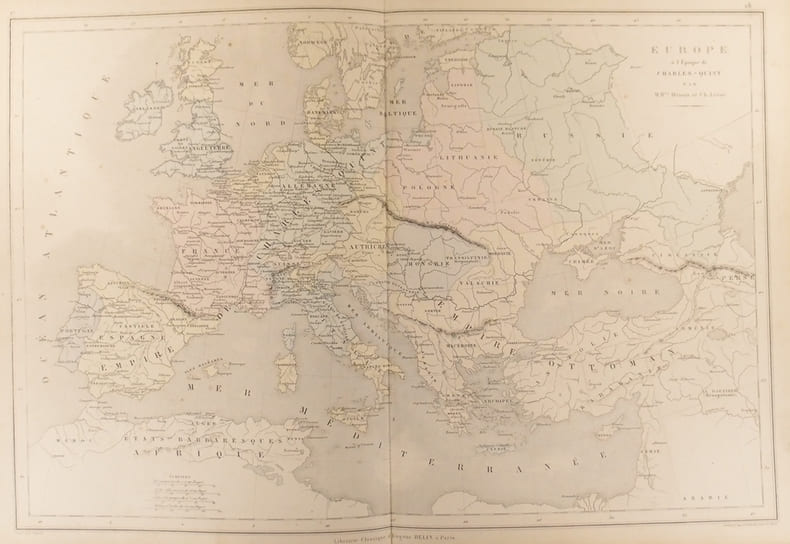 Carte de l'Europe &agrave; l’&eacute;poque de Charles-Quint. Carte extraite de l'Atlas universel et classique de g&eacute;ographie ancienne, romaine, du moyen &acirc;ge, moderne ...