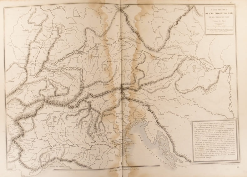 Carte physique de l’Allemagne du sud et de l’Italie du nord ; cha&icirc;ne des Alpes. Carte extraite de l'Atlas universel et classique de g&eacute;ographie ...