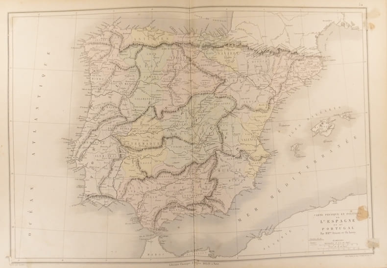 Carte physique et politique de l'Espagne et du Portugal. Carte extraite de l'Atlas universel et classique de g&eacute;ographie ancienne, romaine, du moyen ...