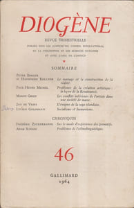 Diogène. Revue trimestrielle. N° 46. Le mariage et la construction de la réalité (P. Berger H. Kellner) - Problèmes de la création artistique, la leçon de la Renaissance ( P.-H. Michel) - Le conflits intérieurs de l'artiste dans une société de masse (Mason Griff) - L'énigme de la saga islandaise ( Jan de Vries) - Socialisme et humanisme (Lucien Goldmann).