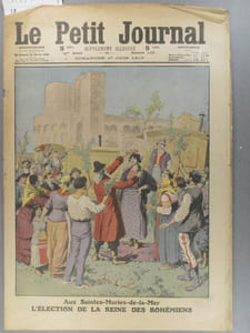 Le Petit journal - Supplément illustré N° 1176 : Election de la reine des Bohémiens aux Saintes-Maries-de-la-Mer. (Gravure en première page). Gravure en dernière page: Une femme tombe de la nacelle d'un ballon.