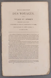Voyage en Afrique dans le but d'explorer le cours et l'embouchure du Niger, par Richard et John Lander, en 1830 et 1831. Voyages autour du Monde et dans les contrées les plus curieuses, depuis Christophe Colomb jusqu'à nos jours. Extrait du tome 2. (Pages 1 à 24).