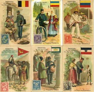 5 chromos Dentol, roi des dentifrices : La poste en Belgique, au Venezuela, en Abyssinie, en Perse, en Allemagne. On ajoute la poste en Roumanie, chromo du chocolat Poulain.