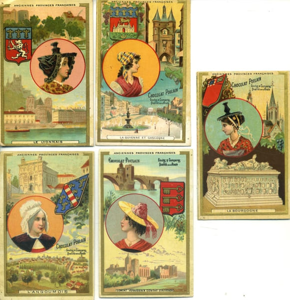 4 chromos des anciennes provinces fran&ccedil;aises : Angoumois - Guyenne et Gascogne - Bourgogne - Comtat Venaissin. Le Lyonnais, de la m&ecirc;me s&eacute;rie, ne porte ...