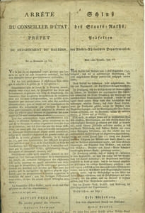 Arrêté du Conseiller d'Etat - Préfet du département du Bas-Rhin. Règlement du service général du Canal de la Brusche. Texte bilingue français-allemand