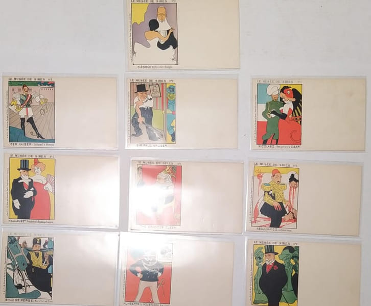 S&eacute;rie compl&egrave;te de 10 cartes postales satiriques sur les souverains et pr&eacute;sidents du d&eacute;but du XXe si&egrave;cle : Victoria - Kruger - Der Kaiser - Nicolas II ...