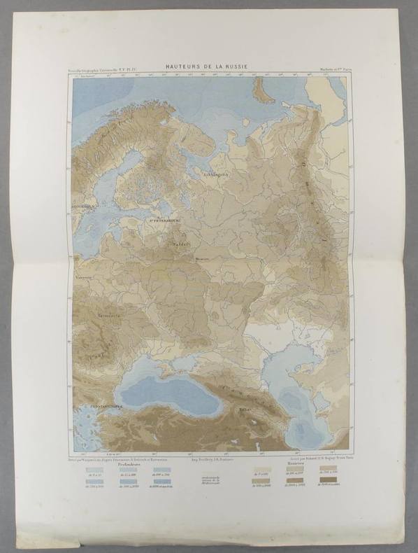 Hauteurs de la Russie. Carte en couleurs extraite de la Géographie universelle d'Elisée Reclus.. RUSSIE Carte de Wacquez Lalo, gravée par Erhard.
