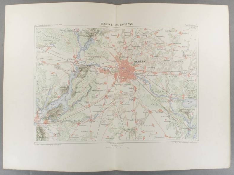 Berlin et ses environs. Carte en couleurs extraite de la G&eacute;ographie universelle d'Elis&eacute;e Reclus.. BERLIN Carte de Vuillemin, grav&eacute;e par Erhard.