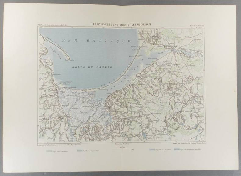 Les bouches de la Vistule et le Frische Haff. Carte en couleurs extraite de la G&eacute;ographie universelle d'Elis&eacute;e Reclus.. MER BALTIQUE Carte de ...