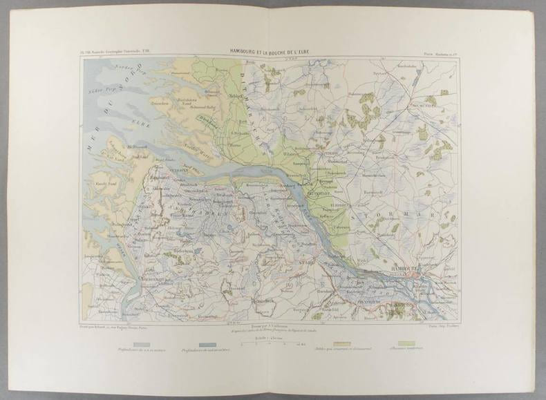 Hambourg et la bouche de l'Elbe. Carte en couleurs extraite de la G&eacute;ographie universelle d'Elis&eacute;e Reclus.. HAMBOURG Carte de Vuillemin, grav&eacute;e par ...