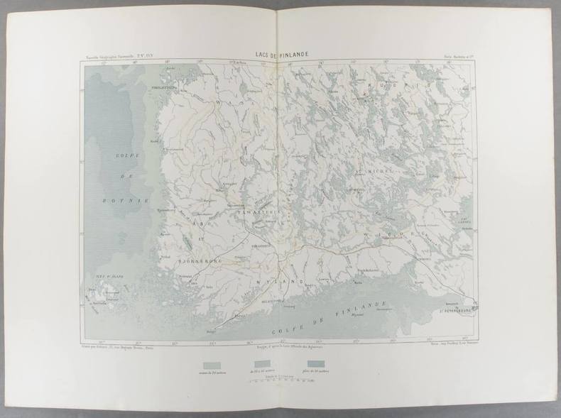 Lacs de Finlande. Carte en couleurs extraite de la Géographie universelle d'Elisée Reclus.. FINLANDE Carte de Bagge, gravée par Erhard.