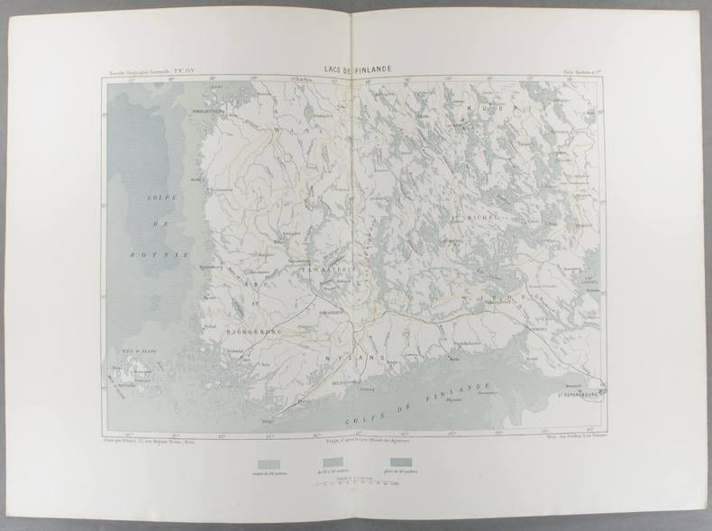 Lacs de Finlande. Carte en couleurs extraite de la G&eacute;ographie universelle d'Elis&eacute;e Reclus.. FINLANDE Carte de Bagge, grav&eacute;e par Erhard.
