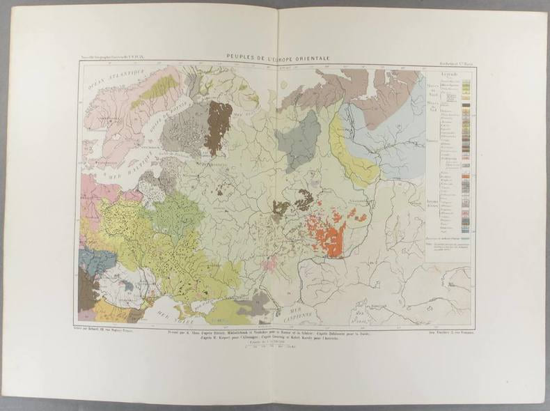 Peuples de l'Europe orientale. Carte en couleurs extraite de la G&eacute;ographie universelle d'Elis&eacute;e Reclus.. EUROPE Carte de Slom, grav&eacute;e par Erhard.