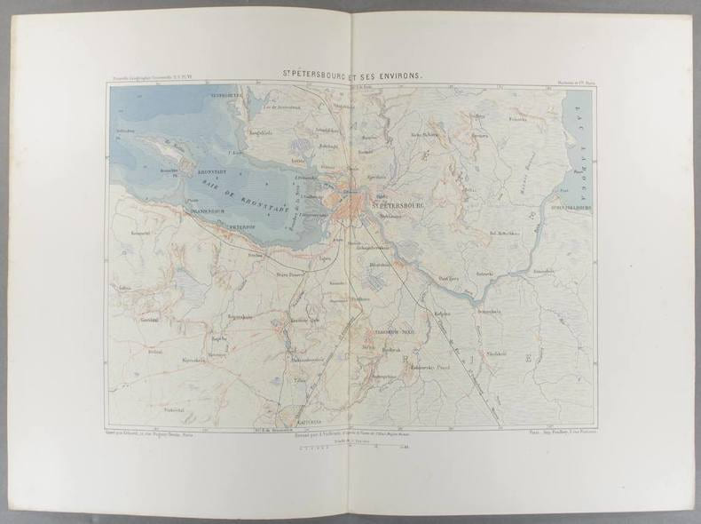 St Petersbourg et ses environs. Carte en couleurs extraite de la G&eacute;ographie universelle d'Elis&eacute;e Reclus.. RUSSIE Carte de Vuillemin, grav&eacute;e par ...