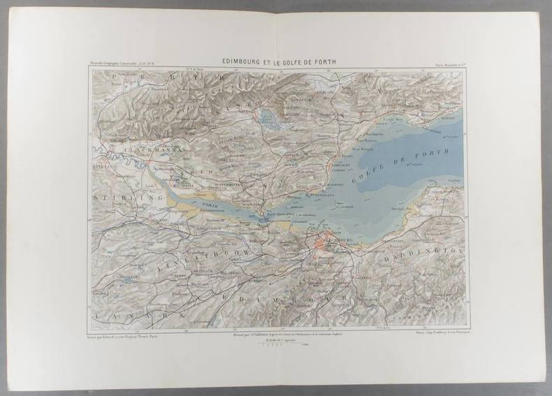 Edimbourg et le golfe de Forth. Carte en couleurs extraite de la G&eacute;ographie universelle d'Elis&eacute;e Reclus.. EDIMBOURG Carte de Vuillemin, grav&eacute;e par ...