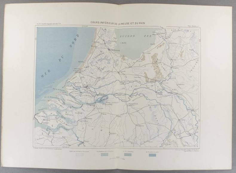 Cours inf&eacute;rieur de la Meuse et du Rhin. Carte en couleurs extraite de la G&eacute;ographie universelle d'Elis&eacute;e Reclus.. PAYS-BAS Carte de C. Perron, grav&eacute;e ...