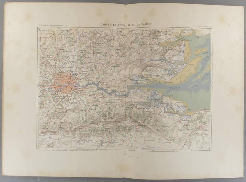 Londres et l'estuaire de la Tamise. Carte en couleurs extraite de la G&eacute;ographie universelle d'Elis&eacute;e Reclus.. LONDRES Carte de Vuillemin.