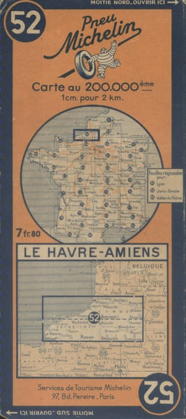 Ancienne Carte Michelin N&deg; 52 : Le Havre - Amiens. Carte au 200.000e.. CARTE MICHELIN 