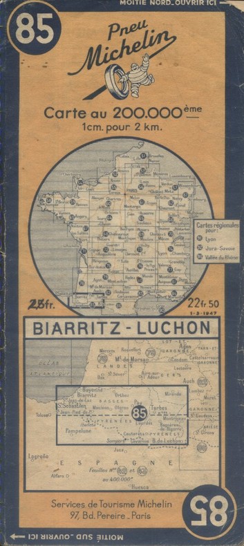 Ancienne Carte Michelin N° 85 : Biarritz - Luchon. Carte au 200.000e.. CARTE MICHELIN 