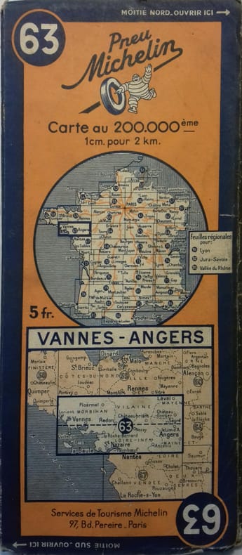 Ancienne Carte Michelin N° 63 : Vannes - Angers. Carte au 200.000e.. CARTE MICHELIN 