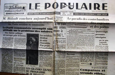 Le Populaire : Organe central du parti socialiste (S.F.I.O). N° 6949. M. Bidault conclura aujourd'hui… Andorre, paradis des contrebandiers…