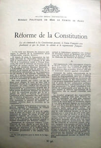 Réforme de la constitution. Bulletin mensuel d'information du bureau politique de Mgr le Comte de Paris, N° 96.