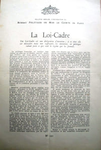 La loi-cadre. Bulletin mensuel d'information du bureau politique de Mgr le Comte de Paris, N° 101.