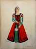 Costume de femme sous François Ier. Gravure en couleurs extraite du portfolio d'Emile Gallois : "Le Costume en France de François Ier à 1900". N° 1.. ...