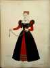 Costume de femme sous Henri II. Gravure en couleurs extraite du portfolio d'Emile Gallois : "Le Costume en France de François Ier à 1900". N° 3.. ...