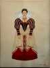 Costume de femme sous Henri IV. Gravure en couleurs extraite du portfolio d'Emile Gallois : "Le Costume en France de François Ier à 1900". N° 7.. ...