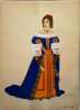 Costume de femme sous Louis XIV. Gravure en couleurs extraite du portfolio d'Emile Gallois : "Le Costume en France de François Ier à 1900". N° 11.. ...