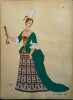 Costume de femme sous Louis XIV. Gravure en couleurs extraite du portfolio d'Emile Gallois : "Le Costume en France de François Ier à 1900". N° 13.. ...