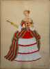 Costume de femme sous Louis XV. Gravure en couleurs extraite du portfolio d'Emile Gallois : "Le Costume en France de François Ier à 1900". N° 18.. ...