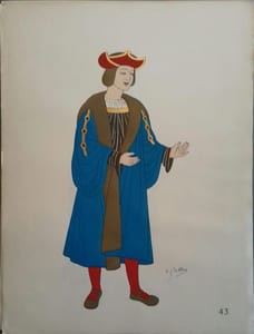 Costume d'homme de cour sous les Valois-Orléans. XVIe siècle. Gravure en couleurs extraite du portfolio d'Emile Gallois : "Le Costume en France des Mérovingiens à François Ier". N° 43