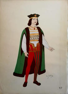 Costume d'homme de cour sous les Valois-Orléans. XVIe siècle. Gravure en couleurs extraite du portfolio d'Emile Gallois : "Le Costume en France des Mérovingiens à François Ier". N° 47