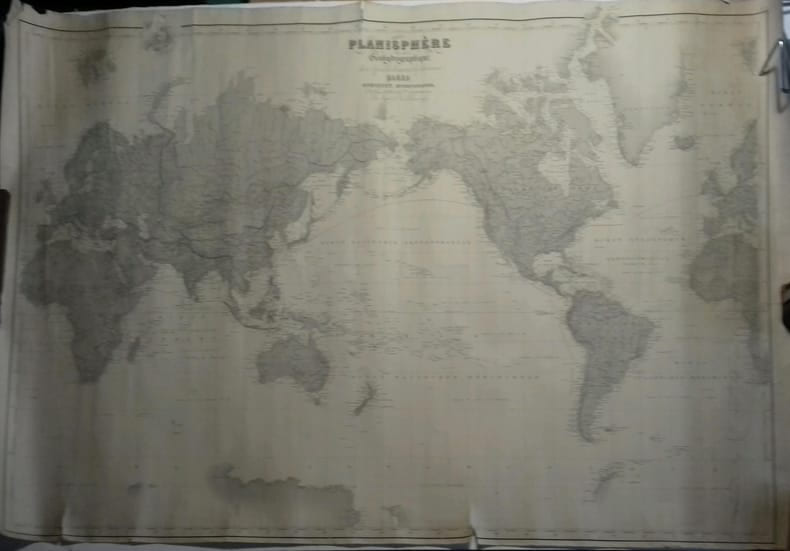 Planisph&egrave;re g&eacute;ohydrograhique dress&eacute; d'apr&egrave;s les documents les plus r&eacute;cents. Paris, Robiquet, hydrographe.. ROBIQUET Jean Baptiste Grav&eacute;e par Raynaud, ...