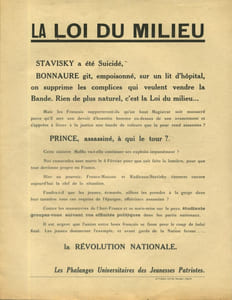 La loi du milieu. Sur les assassinats de Stavisky et Prince, et pour la Révolution Nationale. Tract des Jeunesses patriotes, groupe d'étudiants d'extrême-droite.