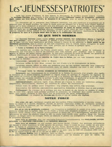 Tract de 2 pages : Les jeunesses patriotes, ce que nous sommes, notre force, notre oeuvre, au travail…