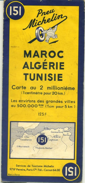 Maroc, Alg&eacute;rie, Tunisie. Carte &agrave; l'&eacute;chelle 1/2000 000e. Environs des grandes villes au 1/50 000e.. CARTE MICHELIN 