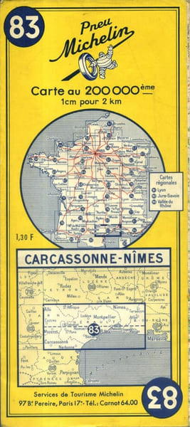 Ancienne Carte Michelin N&deg; 83 : Carcassonne - N&icirc;mes. Carte au 200.000e.. CARTE MICHELIN 
