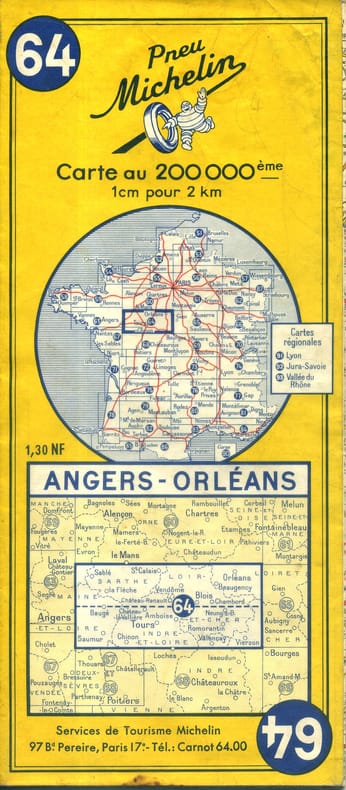 Ancienne Carte Michelin N° 64 : Angers - Orléans. Carte au 200.000e.. CARTE MICHELIN 