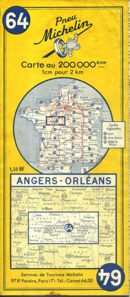 Ancienne Carte Michelin N&deg; 64 : Angers - Orl&eacute;ans. Carte au 200.000e.. CARTE MICHELIN 