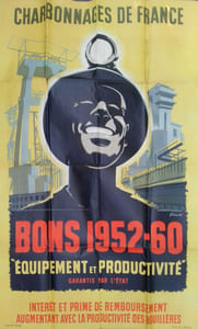Affiche de F. Lecomte. Bons 1952-60. Equipement et productivité. Garantis par l'Etat.