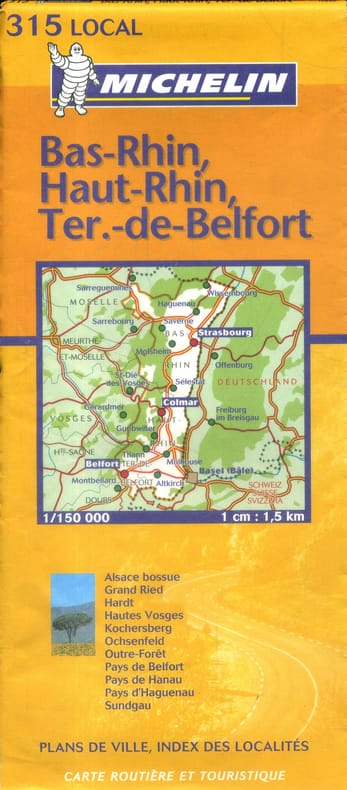 Ancienne Carte Michelin N° 315 Local : Bas-Rhin, Haut-Rhin, Territoire de Belfort. Carte au 1/150 000e.. CARTE MICHELIN 