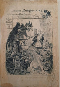 Carte pour la librairie Dorbon-ainé. Eau-forte. Dessin original de Robida pour la librairie Dorbon-ainé spécialisée dans l'éotérisme. Le diable et ses succubes présentent des livres à un libraire réjoui.